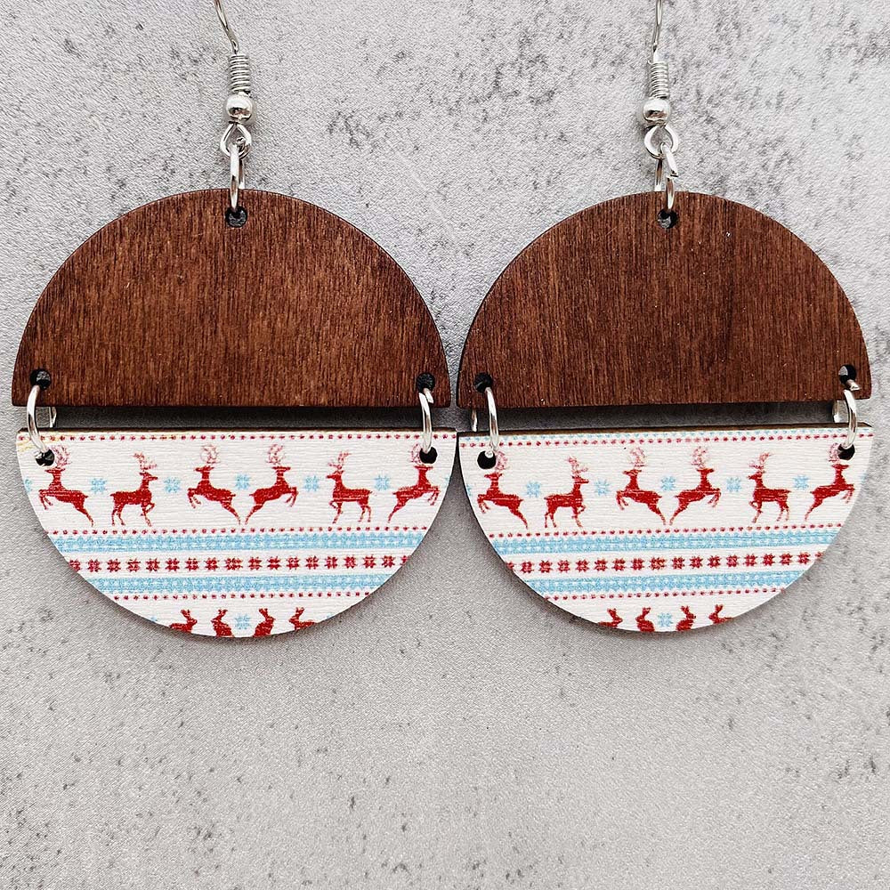 Wholesale Christmas Half Round Wood Chips Patchwork Earrings